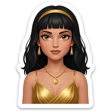 Cleopatra with hazel eyes, long black hair, gold metallic dress, gold necklace and earrings sticker
