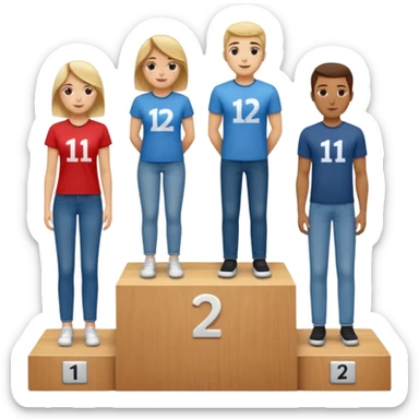 show people on podium in first, second and third place.  The podium should be labled 2, 1, 3.  The middle position should only have the number 1.  the people should be dressed in relaxed clothes like jeans and t-shirts sticker