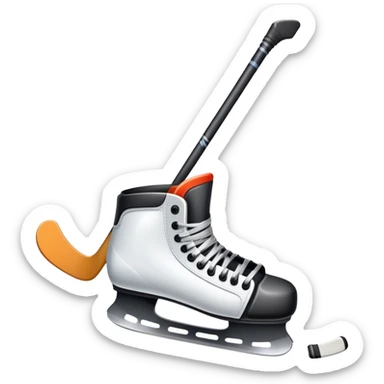 Please, make An icon featuring close-up shots of key hockey equipment: a hockey stick, puck, and skates. The background shows a packed stadium with cheering fans, bright arena lights, and an icy rink. Transparent background highlights the essentials of the game and the thrill of the sport. sticker