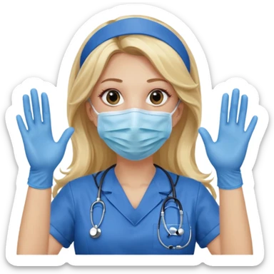 enfermera rubia con pelo largo sin nada en el pelo, con mascarilla y guantes azules las dos manos arriba sticker