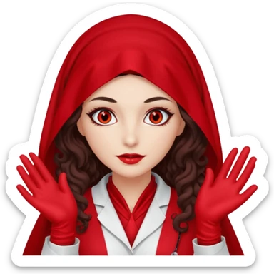 Lilith scalpel in hand, evil surgeon outfit.  She has red eyes. She has dark brown curly hair. Hair is long . Wears sexy doctor outfit with red gloves. Clears, mouth with Muslim red burka sticker