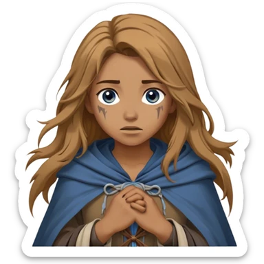 A young human woman with long, unkempt golden-brown hair, piercing blue-gray eyes filled with quiet determination. Dressed in a worn tunic and a tattered cloak, her calloused hands grip a bow, a hunter surviving against the odds. sticker