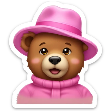 Teddy bear wearing a pink hat and blushing sticker