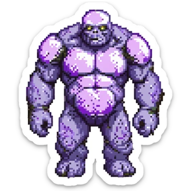 Make this golem inspired by the Clash Royale golem, but not an exact copy. Give it a rocky, hulking body, glowing purple cracks, and a fantasy vibe. Keep the pixel art style with a transparent background. sticker