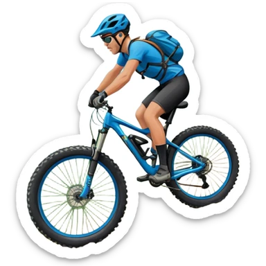 An icon featuring a mountain bike with thick tires on a rugged trail. The background showcases a breathtaking mountain landscape with green slopes, rocky peaks, and a bright blue sky. A cyclist in a helmet rides downhill, kicking up dust.  Transparent background emphasizes adventure and speed sticker