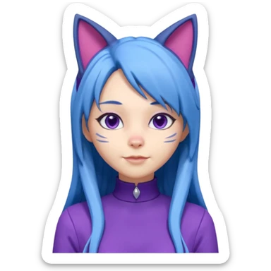 The image is a 3D rendering of a female character with long blue hair and cat ears on her head. She is wearing a purple outfit with a high neckline and long sleeves.  sticker