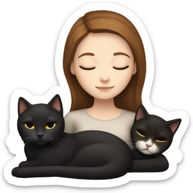 White girl brown hair sleeping, cuddle two black cats sticker