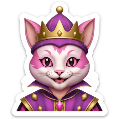 court jester cat medieval, single poker card joker clearly visible, pink, face only sticker