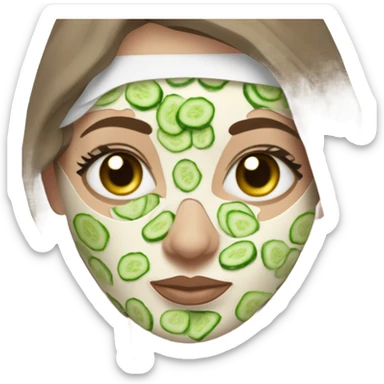 White girl with Brown hair and blue eyes wears a Green clay colored skincare textured mask and puts on cucumbers around her eyes while She relaxes in her white Robe sticker