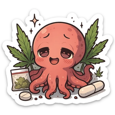 cute small anime kraken looking dazed and happy, surrounded by marihuana leaves, darknet and drugs theme sticker
