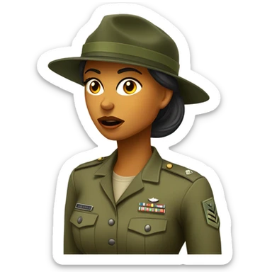 a female drill sergeant showing full torso wearing a classic sergeant hat and a camouflage army shirt. The character should have an angry intense expression.  sticker