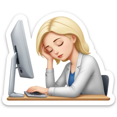 Woman dozing off at workspace with computer sticker
