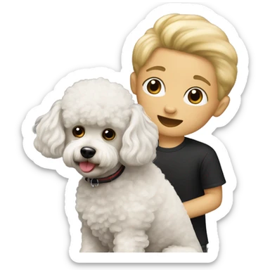A blonde toy poodle with a black haired boy sticker