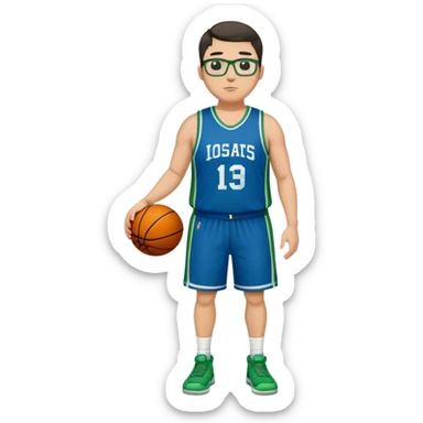 Full Body tall plus size white male with dark short hair basketball player wearing glasses wearing blue green uniform sticker