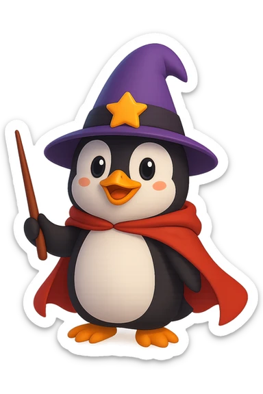 A penguin wizard with a pointy hat and a magic wand and a red cape with no background sticker