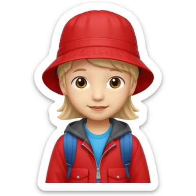 Little student wears red bucket hat and jacket, backpack, shy sticker