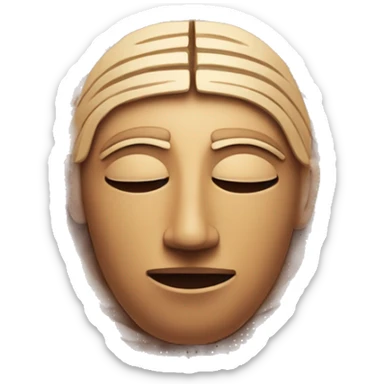 A human face based on Moche heads, with closed eyes, a soft smile, and simple geometric lines. Surrounded by spirals that symbolize knowledge. Colors in earthy tones. sticker