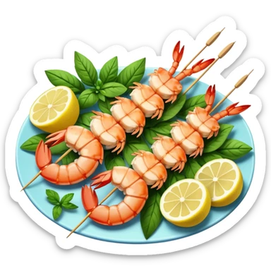 Draw grilled prawns on skewers with herbs & lemon slices. sticker