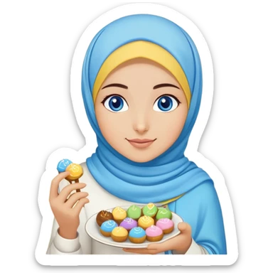 Turkish beautiful finish Konya girl blue eyes with lila yellow hijab islamic dress and had on her hand text Eid Mubarak with sweets and celebrating with her friends eid days   sticker