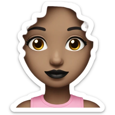 pale girl has black curly hair with black lipstick and pink top sticker