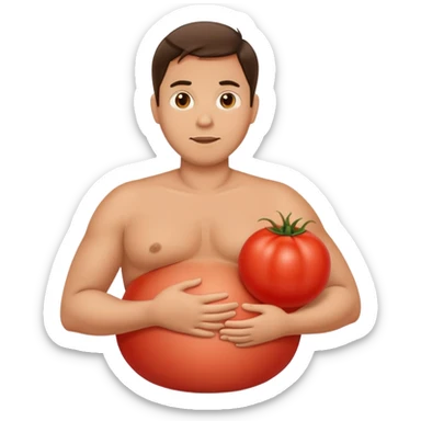 pregnant man with belly replaced by a tomato sticker