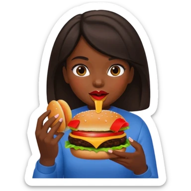 a girl with dark hair eating a burger, apple memoji style sticker