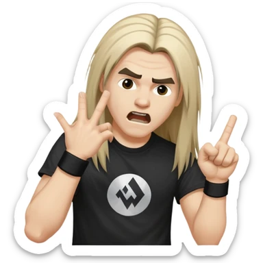 A person headbanging with long hair, wearing a black band t-shirt, making rock hand gesture sticker