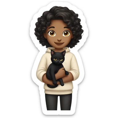 Girl holding black kitty. The girl has dark long curly hair and tan skin color  sticker