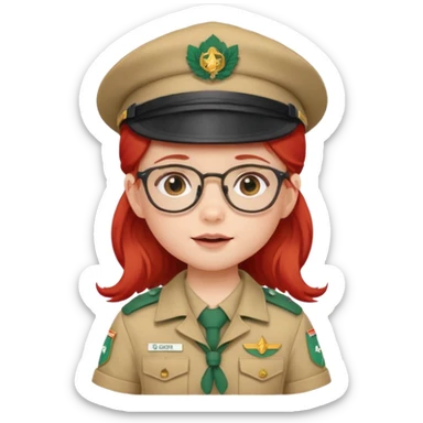 scout girl baby with uniform including the hat,  little with glassess and long red hair sticker