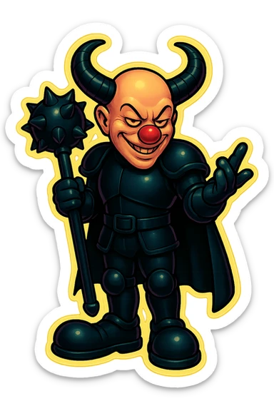 An evil, menacing armored clown with no hair, ram horns pointing up, masculine and powerful build, glossy black on matte black armor, short cape hanging down, large black clown shoes, standing relaxed with feet close together, arms down, oversized spiked mace hanging to the ground, eyes barely open, sinister smile, gesturing with his free hand, vibrant retro stickers style, no yellow aged tint, full body, transparent background. sticker