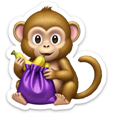 Monkey eating a banana with a purple glittery bag sticker