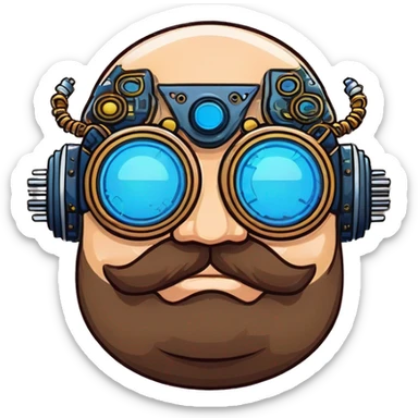 Fat bald cyborg head with blue steampunk goggles, brown beard and circuits sticker