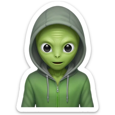 green alien in gray hoodie full height, wear hoodie hat, happy sticker