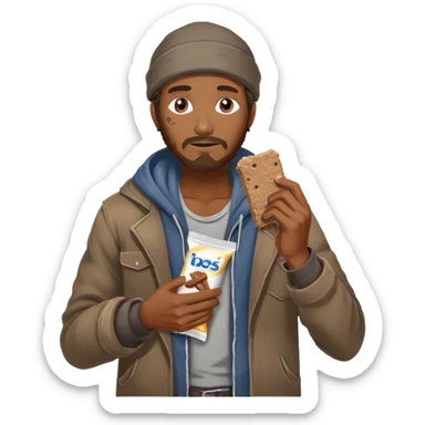 Generate a homeless man asking for money with a protein bar in his hand sticker