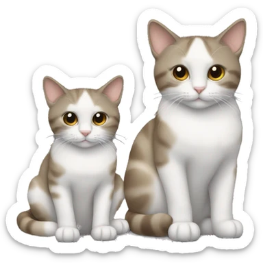 2 cats are sitting next to each other, one is brown with a white chest, the second is small gray sticker