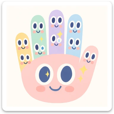 a whimsical style hand with multiple small eyes on the fingers, cute and charming sticker