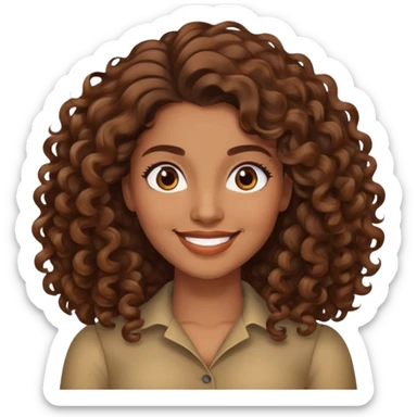 "- Nữ
- 30 tuổi
- Da nâu
- Tóc xoăn nâu, dài, phồng sang bên trái
- Mặt cười mỉm
- Đổi ngôi tóc sticker