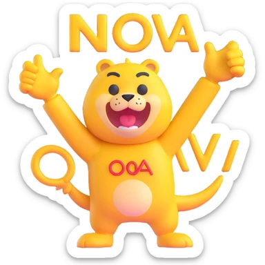 yellow-skinned animal mascot clutching 'N.O.V.A.' letters, energetic and fun, modern emoji style sticker