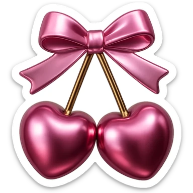 Create a 3D iOS-style illustration of two pink cherries with a pink bow. Apply a metallic effect to the cherries and bow. The background should be removed. sticker
