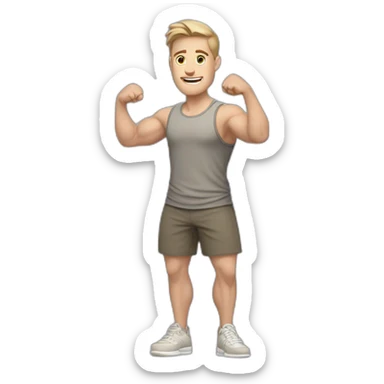 Full height Actively gesturing with hands Pale skinned Fit Man With the biceps and light brown hair with Bristle in dark gray Sleeveless Mike, beige oversize sports shorts and white Sneakers sticker