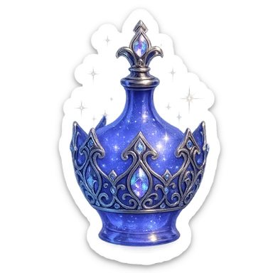 ultra luxurious small elixir bottle in crown shape, color #7986cb, bold and intricate silver and iridescent details, maximum magical glowing and sparkling effects, very small neck, seamless bottom, transparent background, bottle floating in air, no base or shadow, modern, perfectly matching a magical luxury collection sticker