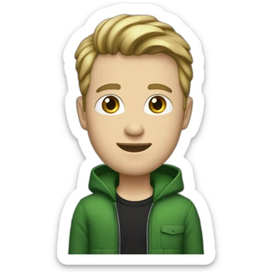 white guy, 30 years old, medium height, blue eyes, wearing a green bomber and black jeans. sticker