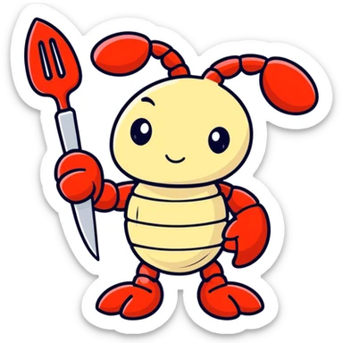 A sad, red lobster holding a knife and fork sticker