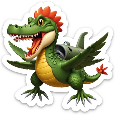 crocodile head with a terrifying mouth merged with a military bomber body, arms as airplane wings with rockets, legs as massive chicken legs like a hut on chicken legs, moving with a roar, trail of destruction sticker