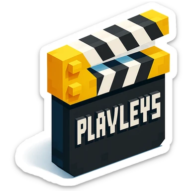 voxel style movie clapperboard with the text 'PLAVLEYS', gold lid, black and white stripes, isometric view sticker