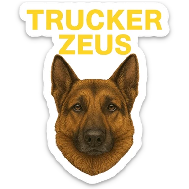 Change the words 'Trucker Zeus' to yellow, keep the realistic German Shepherd, and maintain a transparent background. The style is realistic with a focus on the German Shepherd and clear text in yellow. sticker