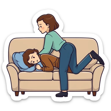  One Caucasian woman with brown hair, big boobs, wearing pants. Bent over couch. A bald man is humping her.  sticker