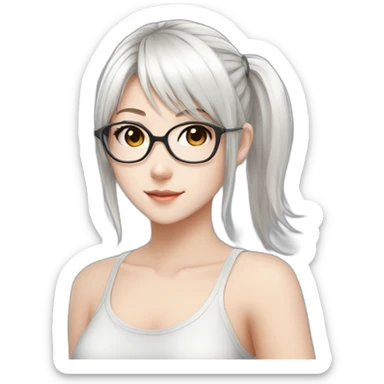 anime style white hair catgirl, black glasses, tank top, pony tail hair, sticker