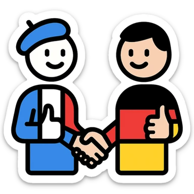 A simple icon style of a French and a German character shaking hands and giving thumbs up, French in blue-white-red colors, German in black-red-yellow colors, minimal details. sticker