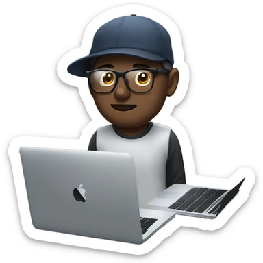 White male with dark hair, clear lens glasses in front of a MacBook with overeat headphones on and a backwards hat sticker